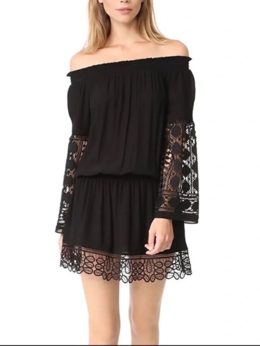 Ramy Brook Black Off Shoulder Lace Lowry Long Sleeve Pullover Mini Dress Size XS